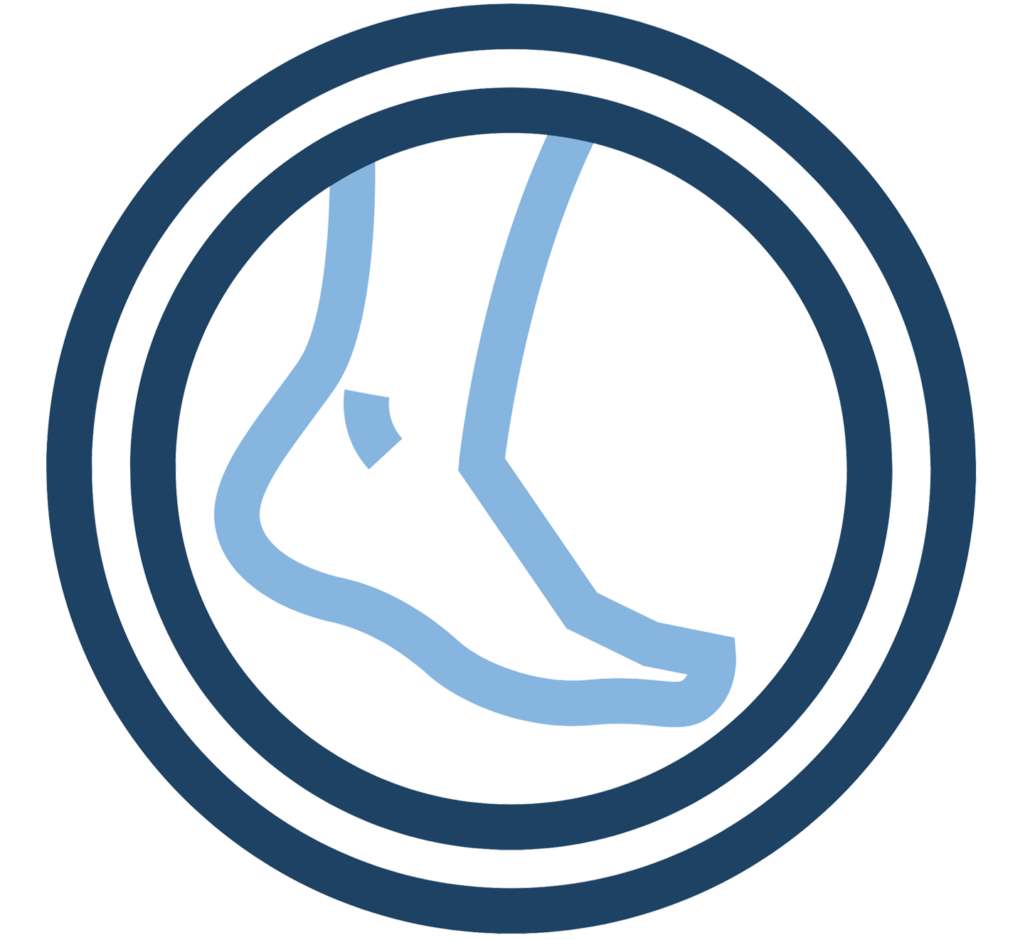 A blue and white logo featuring the outline of a foot and ankle enclosed within two concentric circles. The circles and foot are rendered in a minimalist, line-drawn style.